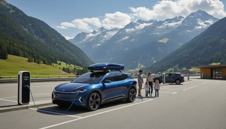 Een moderne elektrische gezinsauto met dakkoffer, aangesloten op een snellaadpaal.