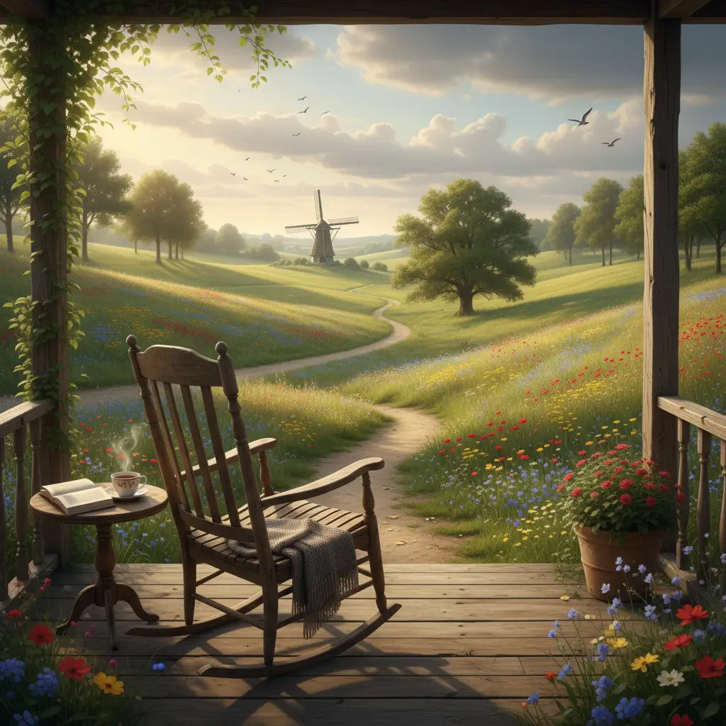 Een auto rijdt op een kronkelende weg door een prachtig berglandschap met een glimp van de kustlijn, verlicht door de warme gloed van zonsopgang of zonsondergang.