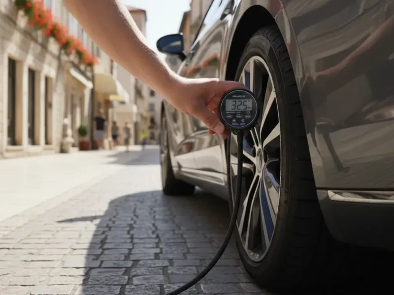 Een close-up van een hand die de bandenspanning van een auto controleert met een digitale meter.