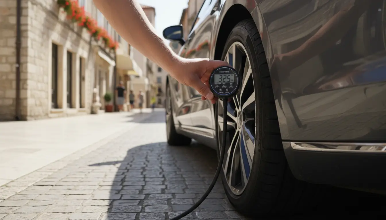 Een close-up van een hand die de bandenspanning van een auto controleert met een digitale meter.