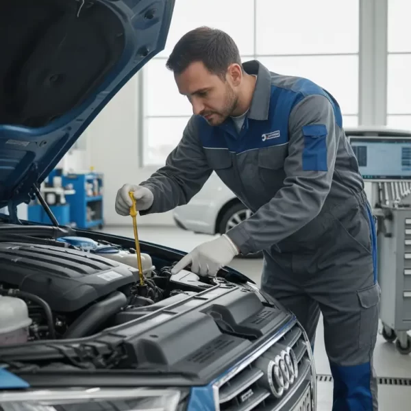 Een deskundige monteur, gekleed in een professioneel uniform, inspecteert nauwkeurig de motorruimte van een auto, specifiek gericht op het controleren van vloeistofniveaus (olie, koelvloeistof, remvloeistof) met behulp van een peilstok of door in reservoirs te kijken. Zijn handen zijn duidelijk zichtbaar en actief bezig met de taak.