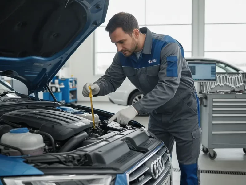 Een deskundige monteur, gekleed in een professioneel uniform, inspecteert nauwkeurig de motorruimte van een auto, specifiek gericht op het controleren van vloeistofniveaus (olie, koelvloeistof, remvloeistof) met behulp van een peilstok of door in reservoirs te kijken. Zijn handen zijn duidelijk zichtbaar en actief bezig met de taak.