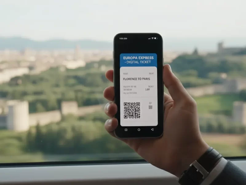 Een close-up van de hand van een reiziger die een smartphone vasthoudt met een digitaal treinkaartje.