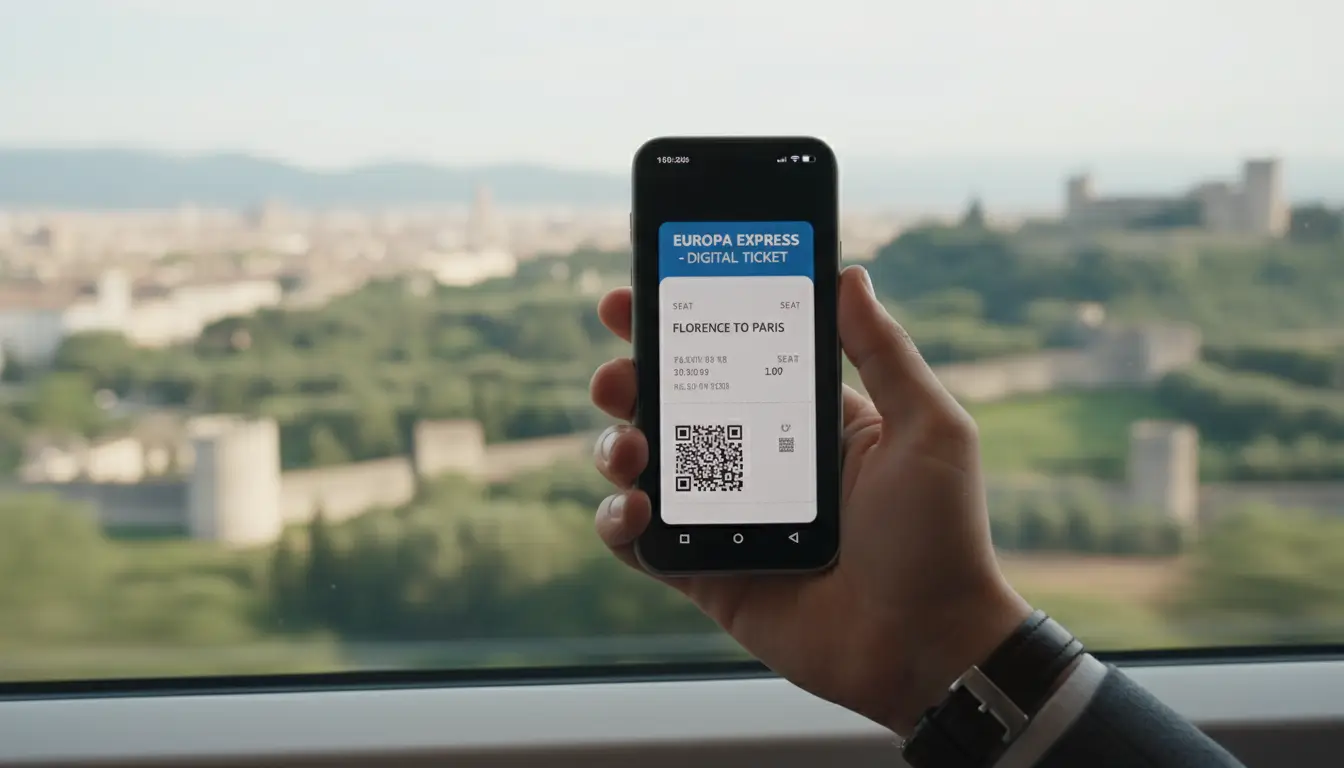 Een close-up van de hand van een reiziger die een smartphone vasthoudt met een digitaal treinkaartje.