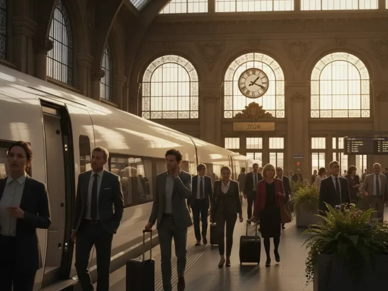 Een hogesnelheidstrein op een perron van een groots, historisch Europees treinstation.