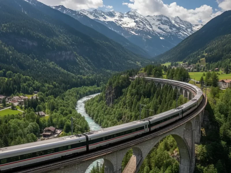 Een hogesnelheidstrein die een indrukwekkend viaduct of brug oversteekt.