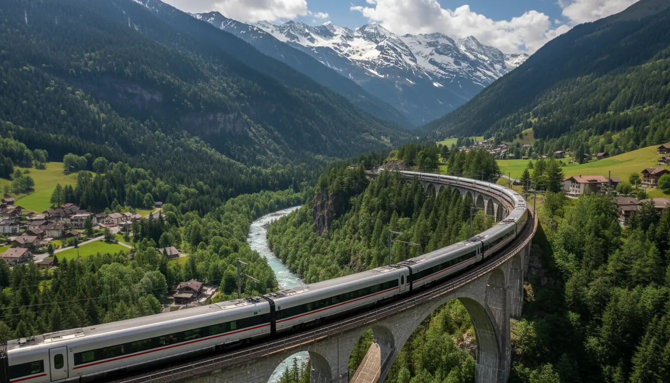 Een hogesnelheidstrein die een indrukwekkend viaduct of brug oversteekt.