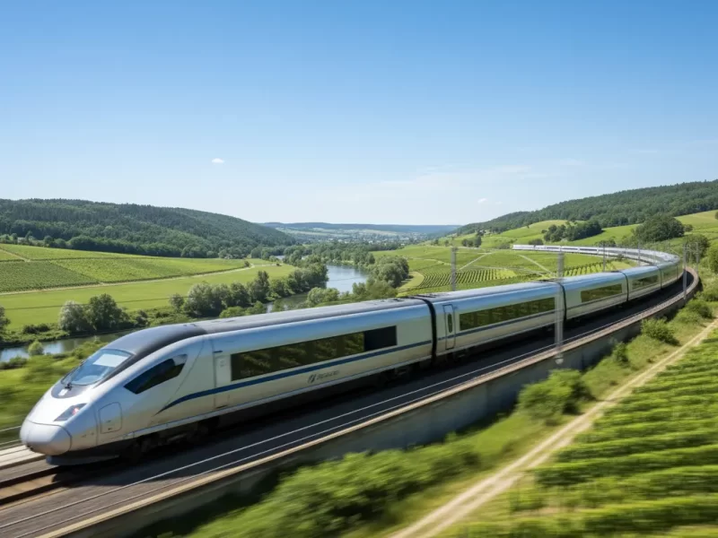 Een slanke, moderne Europese hogesnelheidstrein (bijv. TGV, ICE).