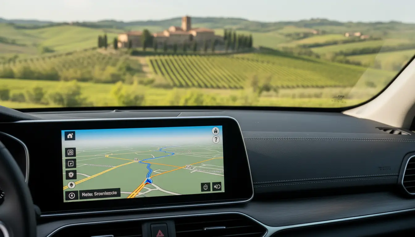 Een close-up van een wegenkaart of navigatiesysteem op het dashboard.