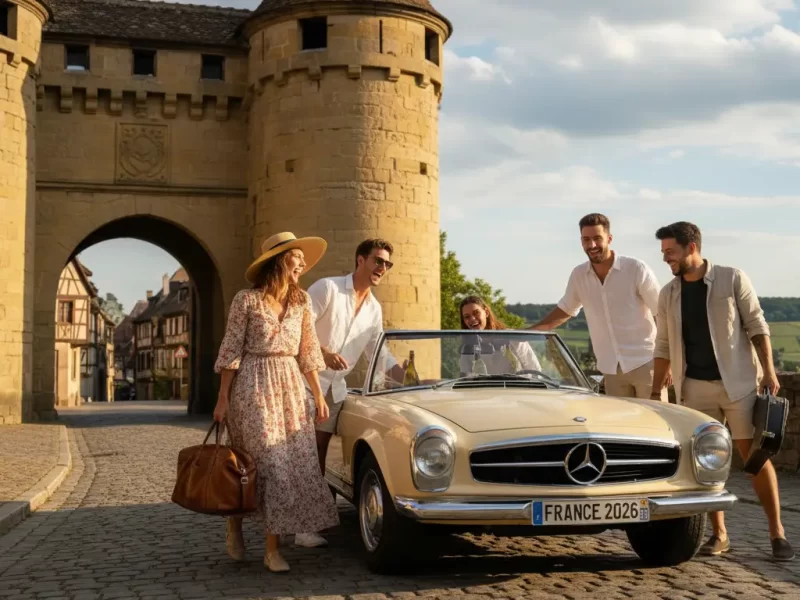 Een groep vrienden die lachend uit een auto stapt.