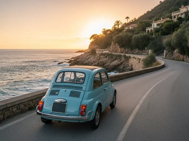Een klassieke vintage auto (bijv. een Fiat 500 of Renault 4) van achteren gezien.