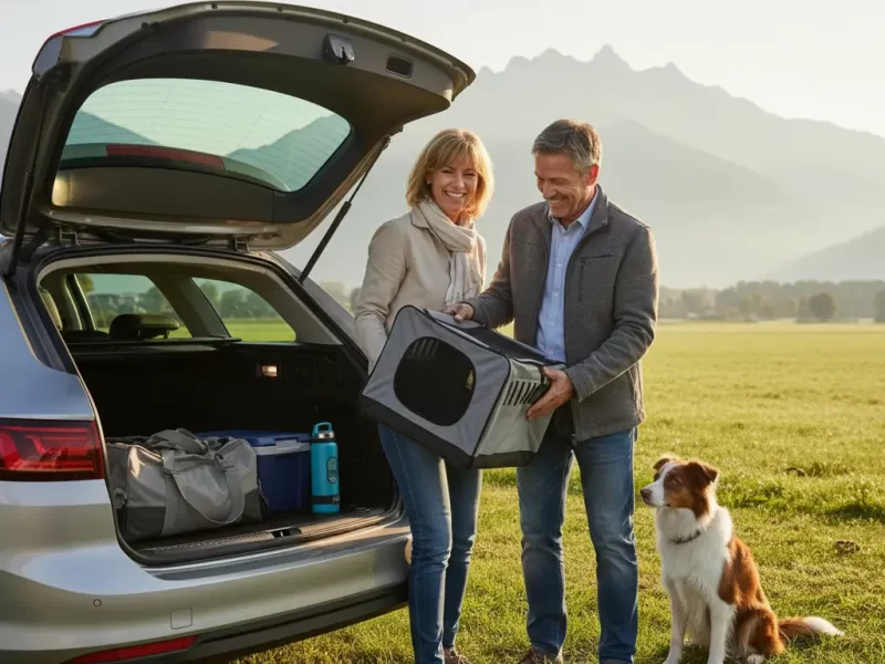Een stel (man en vrouw van middelbare leeftijd) lacht terwijl ze een compacte hondenmand en een reiswaterfles netjes in de ruime kofferbak van een stationwagen plaatsen.