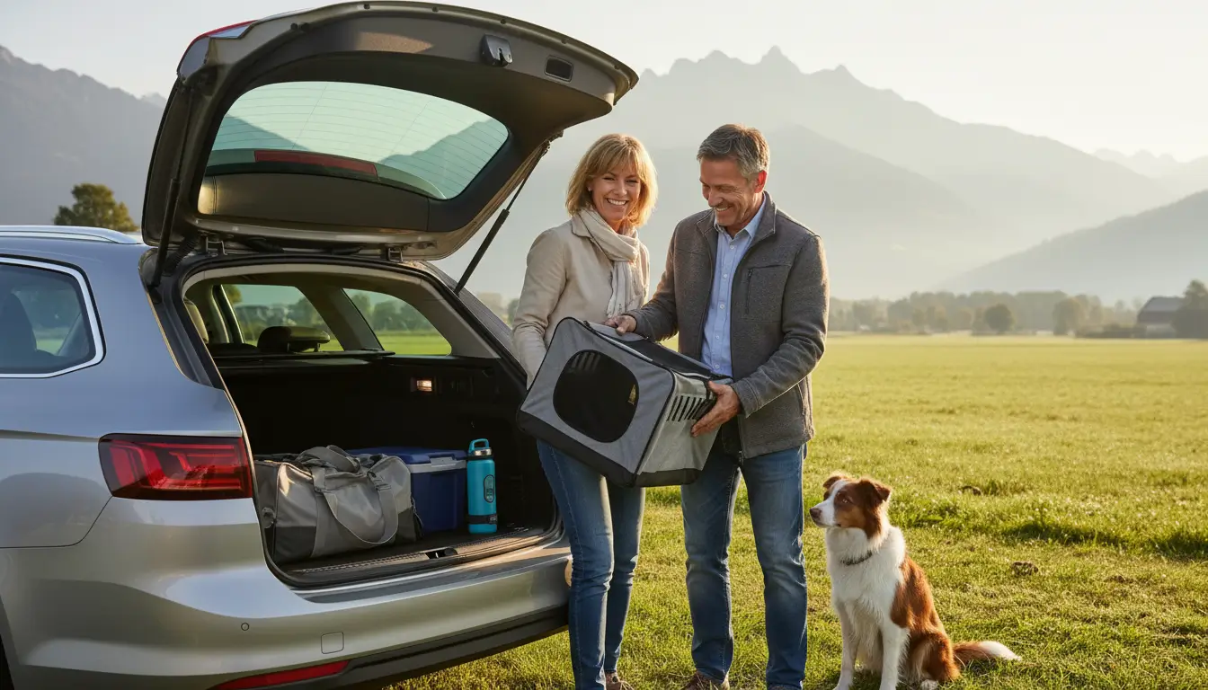 Een stel (man en vrouw van middelbare leeftijd) lacht terwijl ze een compacte hondenmand en een reiswaterfles netjes in de ruime kofferbak van een stationwagen plaatsen.