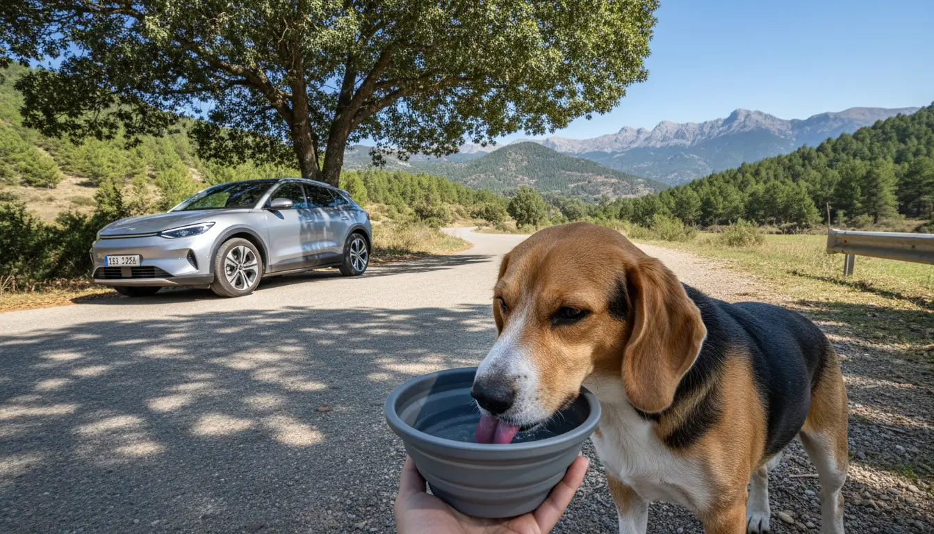 Een hond van gemiddelde grootte (bijv. Beagler) drinkt enthousiast en morsvrij water uit een innovatieve, opvouwbare reiswaterbak.