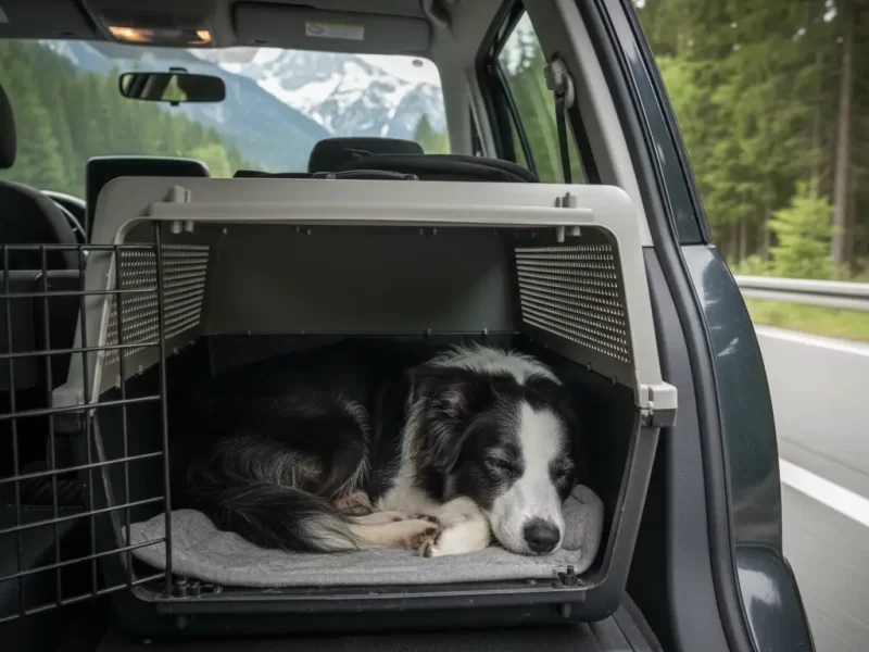 Een goed verzorgde hond (bijv. Border Collie) ligt rustig en ontspannen te slapen in een veilige, geventileerde reisbench achterin de auto.