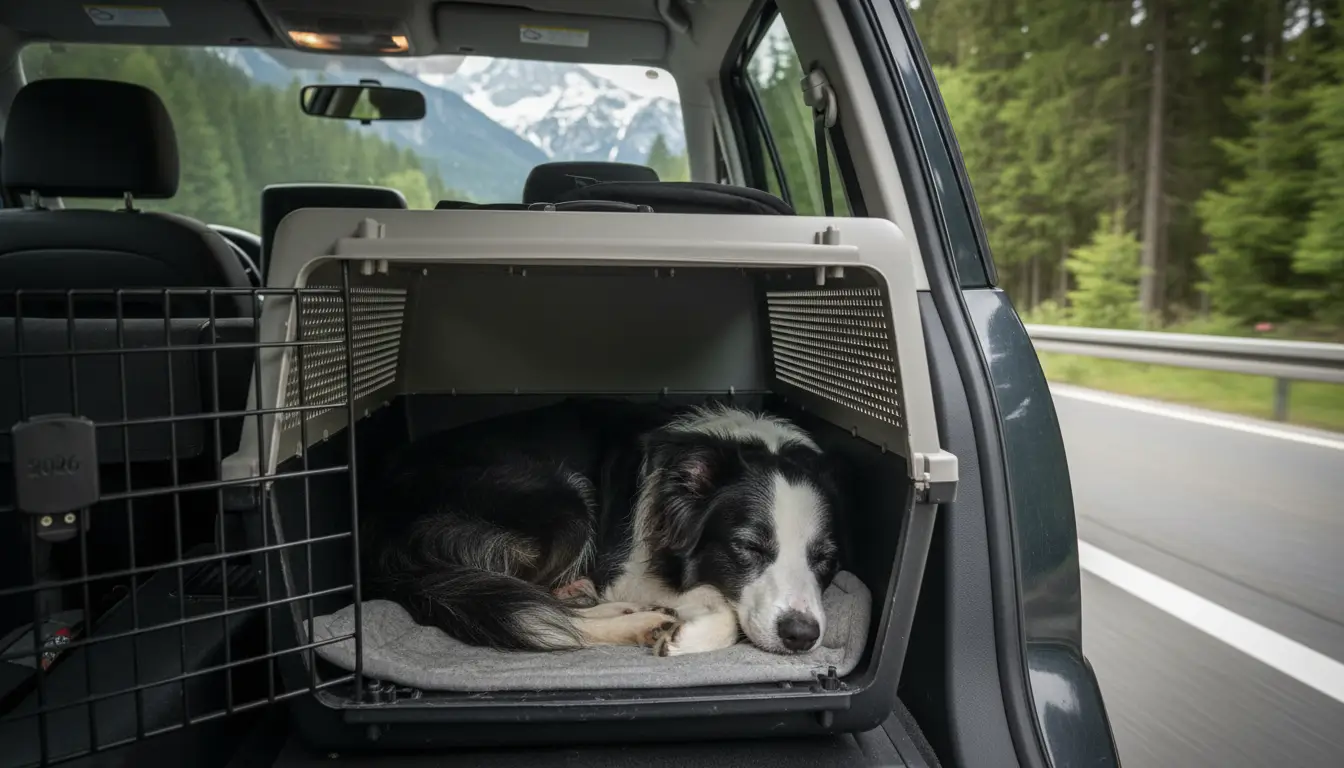 Een goed verzorgde hond (bijv. Border Collie) ligt rustig en ontspannen te slapen in een veilige, geventileerde reisbench achterin de auto.