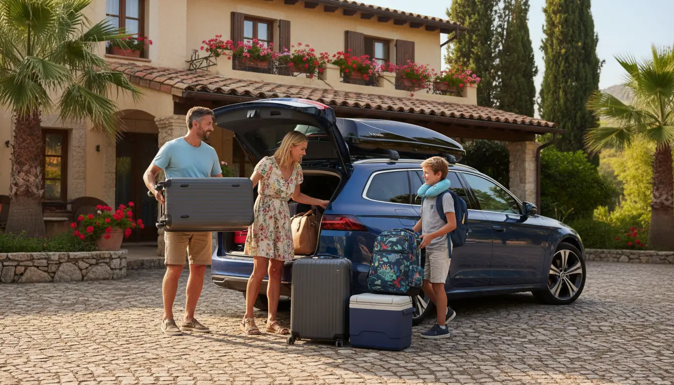 Een gezin (twee volwassenen, twee kinderen) dat koffers en rugzakken in de ruime kofferbak van een stationwagen laadt.