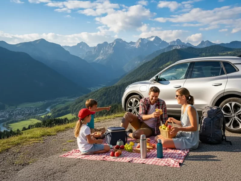 Twee kinderen en hun ouders die ontspannen picknicken op een kleed naast de geparkeerde auto.