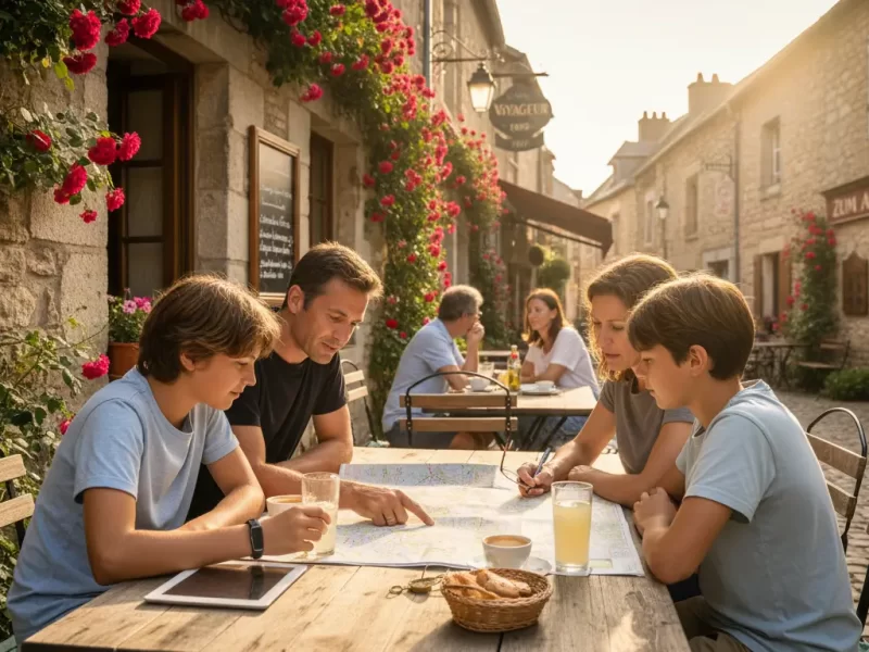 Een familie (ouders en twee kinderen) gebogen over een grote, uitgevouwen wegenkaart op een tafel.