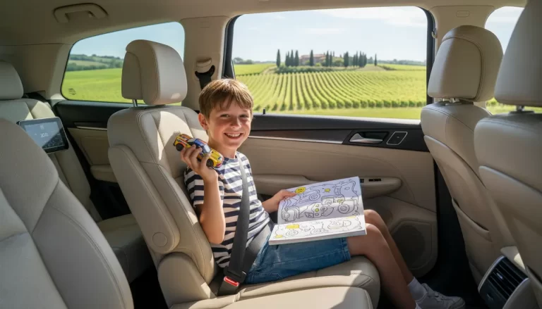 Een vrolijk kind van ongeveer 8 jaar oud, lachend terwijl het een kleurboek of speelgoedauto vasthoudt.