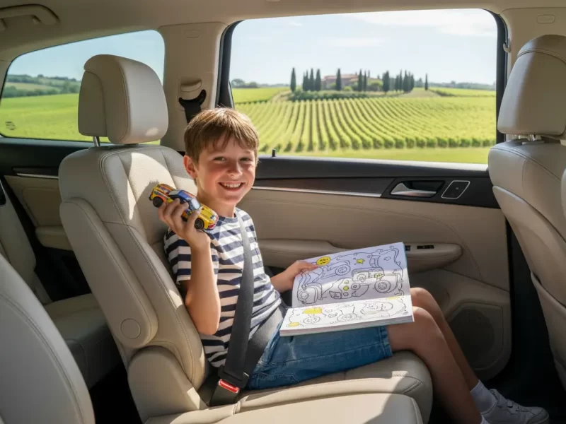 Een vrolijk kind van ongeveer 8 jaar oud, lachend terwijl het een kleurboek of speelgoedauto vasthoudt.