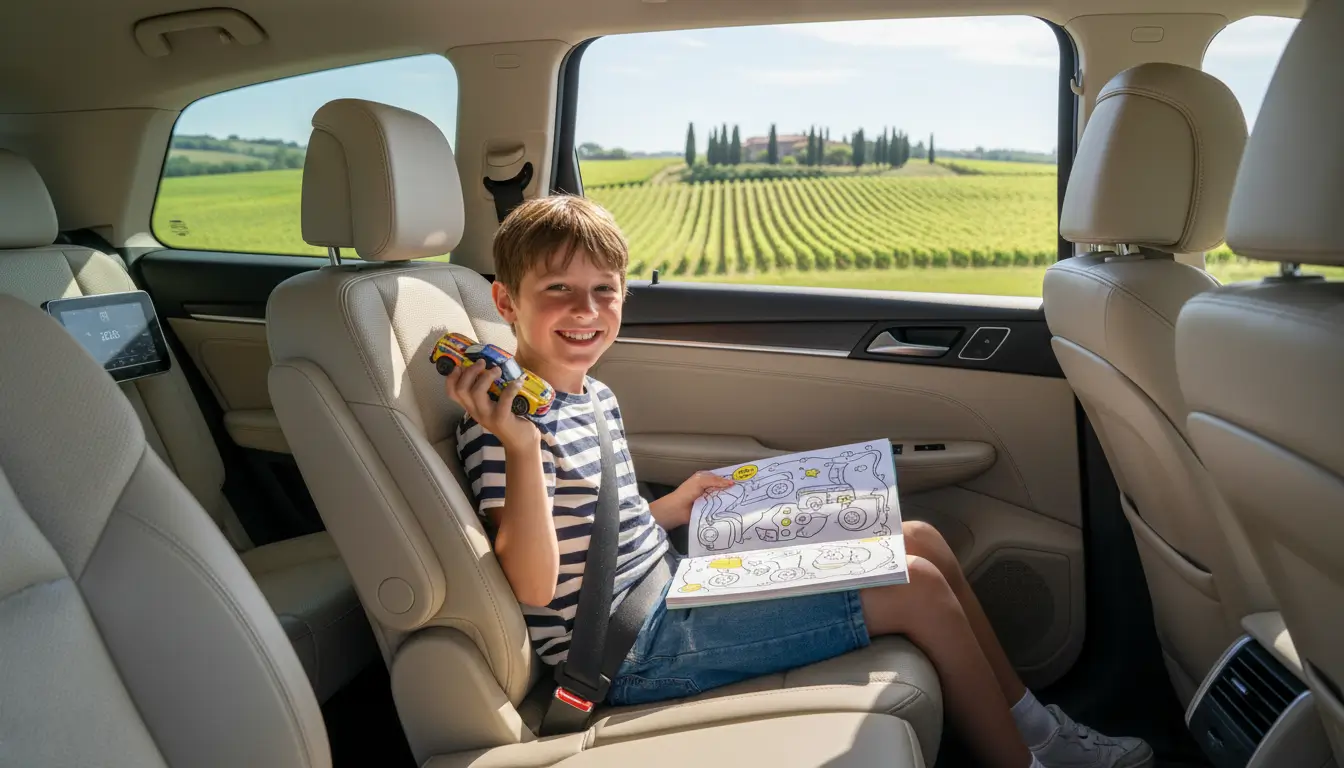 Een vrolijk kind van ongeveer 8 jaar oud, lachend terwijl het een kleurboek of speelgoedauto vasthoudt.