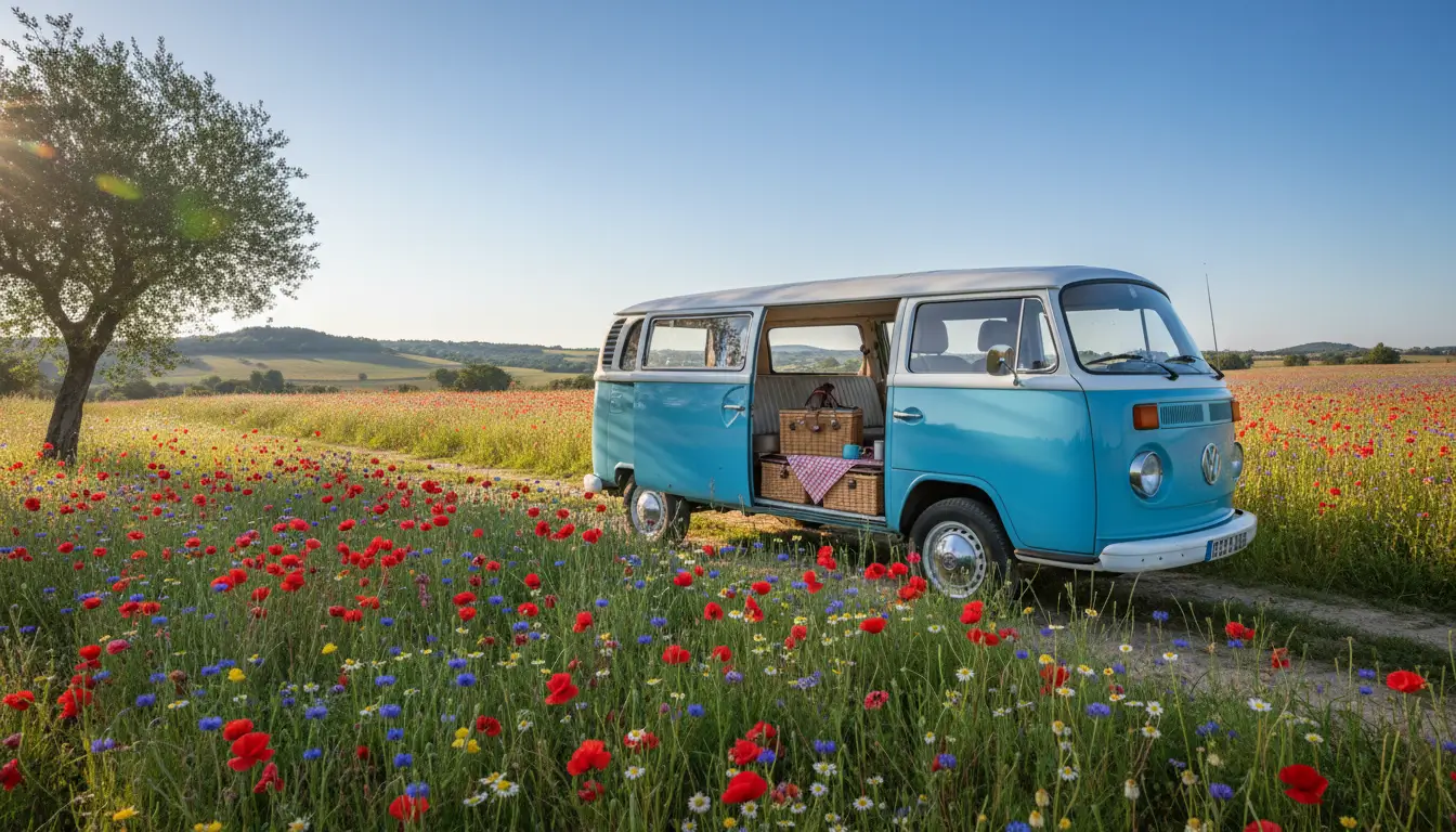Een klassieke vintage camperbus (bijv. VW T1 of T2 model), geparkeerd met de zijdeur open, waaruit een rotan picknickmand en een geruite deken te zien zijn.