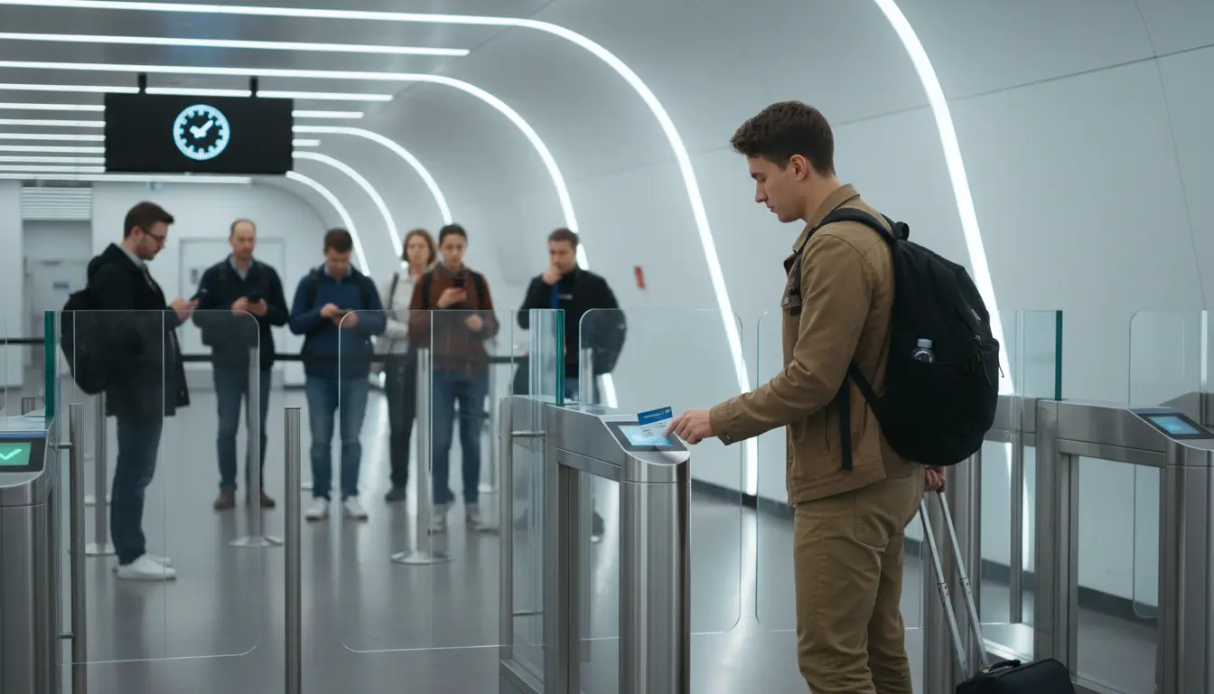 A young traveller taps a regional public transport pass on an electronic reader at a metro gate.