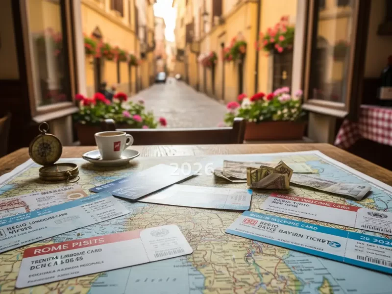 Een assortiment van verschillende stadspassen en regionale treinkaartjes netjes geordend op een uitgevouwen Europese reiskaart.