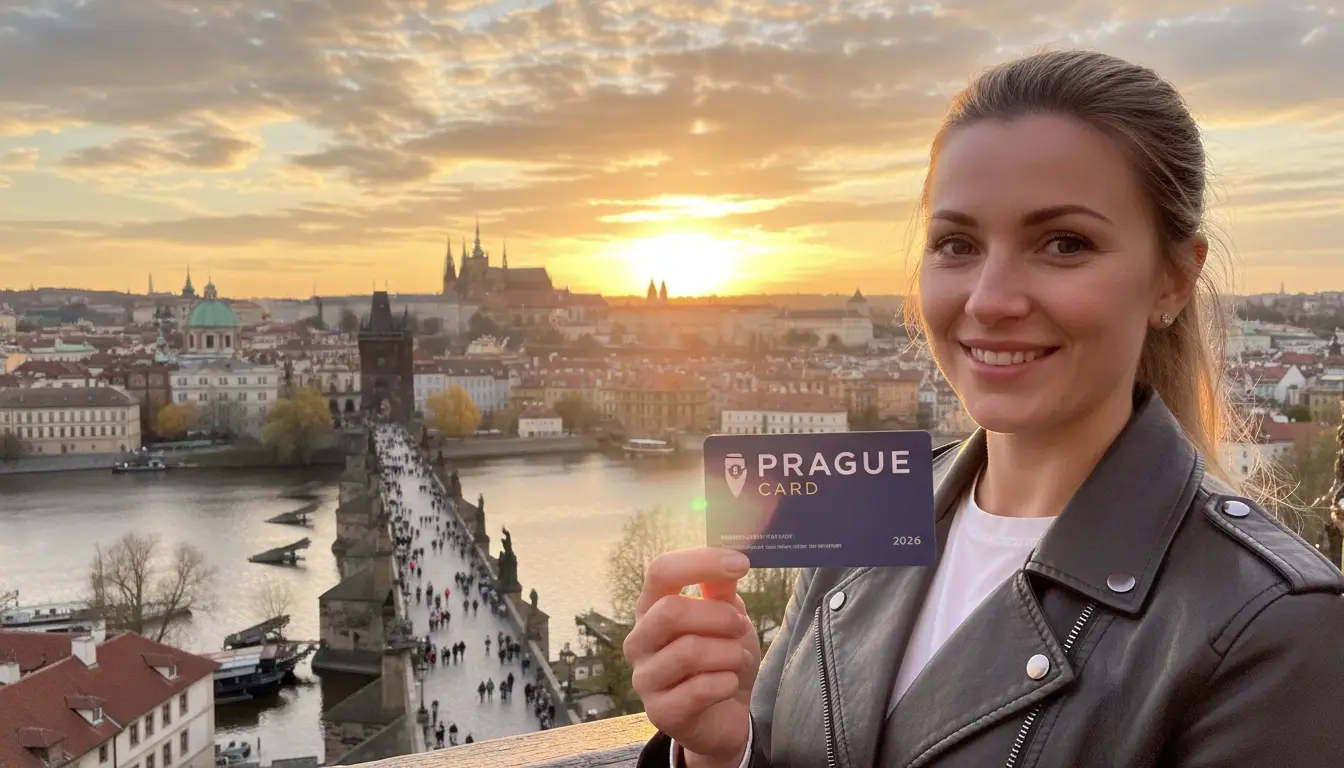 Een glimlachende vrouw toont een citycard aan de camera.
