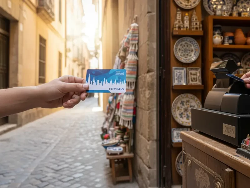 Een hand die een citycard aanbiedt bij de kassa van een klein souvenirwinkeltje.