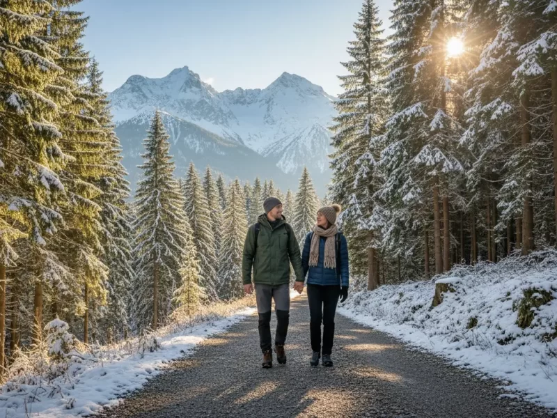 Een koppel wandelt over een grindpad door een bos.