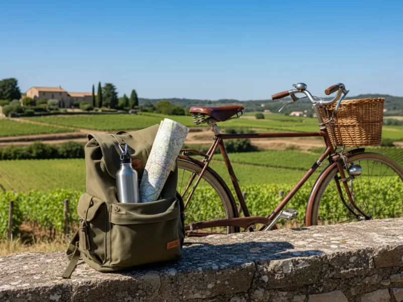 Een rugzak met een herbruikbare waterfles en een landkaart, geplaatst naast een oude fiets.
