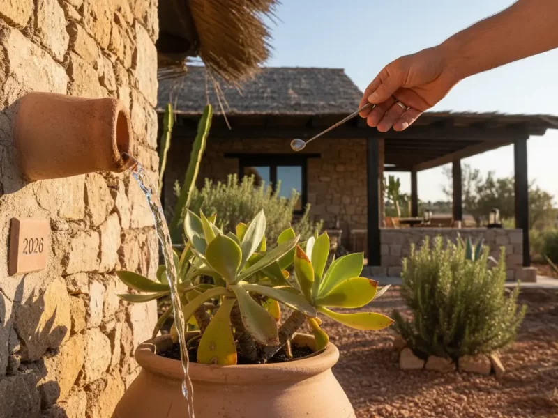 Een close-up van een hand die water giet uit een regenwateropvangsysteem naar een plant, bij een ecolodge