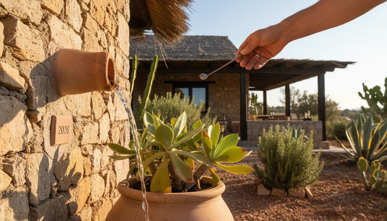 Een close-up van een hand die water giet uit een regenwateropvangsysteem naar een plant, bij een ecolodge