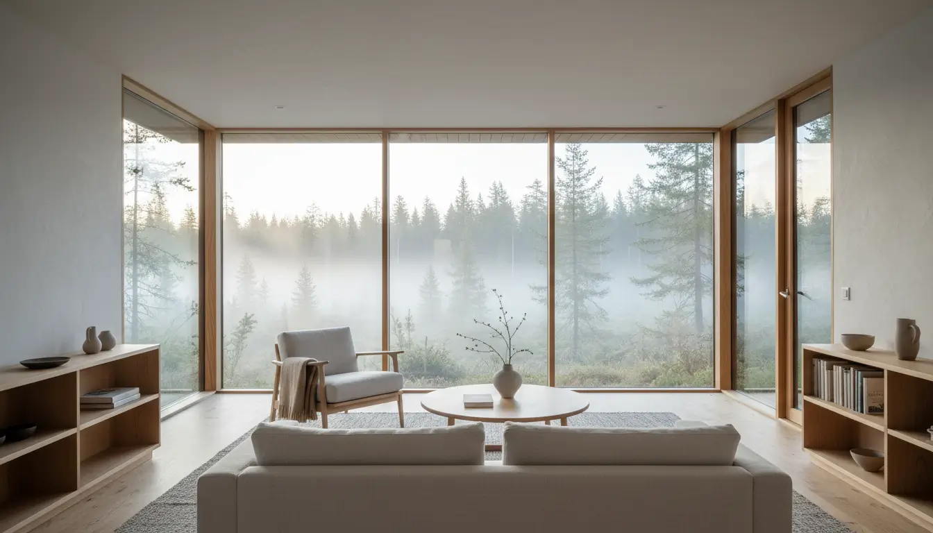 Interieur van een lichte, minimalistische woonkamer in een ecolodge, met grote ramen