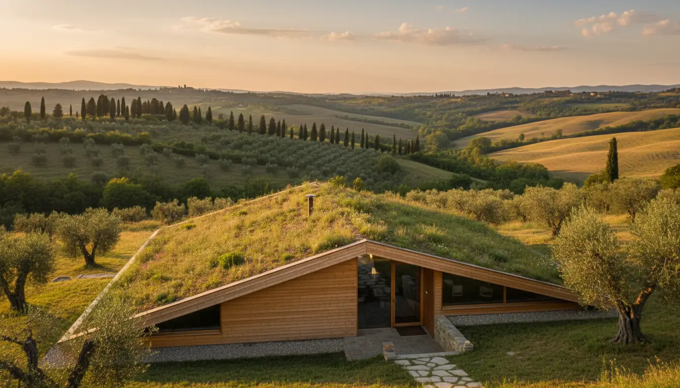 Een architectonisch houten ecolodge gebouw met een levend groen dak