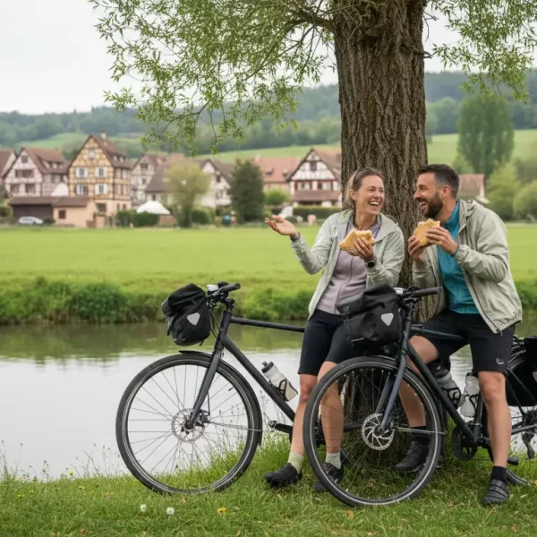 Een stel dat lachend een broodje eet naast hun fietsen, leunend tegen een boom.
