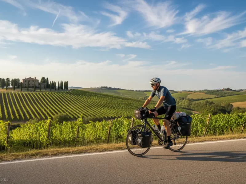 Een fietser met bepakte toerfiets die een glooiende landweg oprijdt.