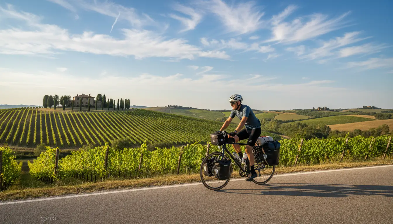 Een fietser met bepakte toerfiets die een glooiende landweg oprijdt.