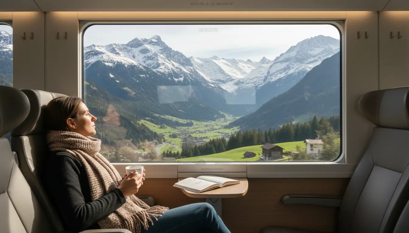 Een reiziger die uit het raam kijkt van een treinwagon