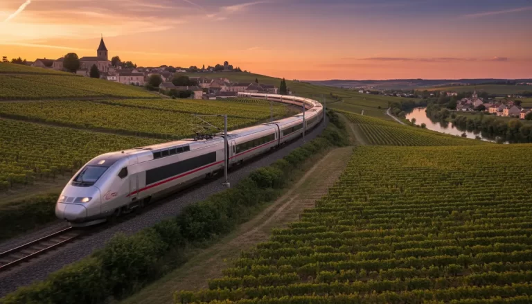 Een moderne hogesnelheidstrein, zoals een TGV of ICE, die door het landschap snelt