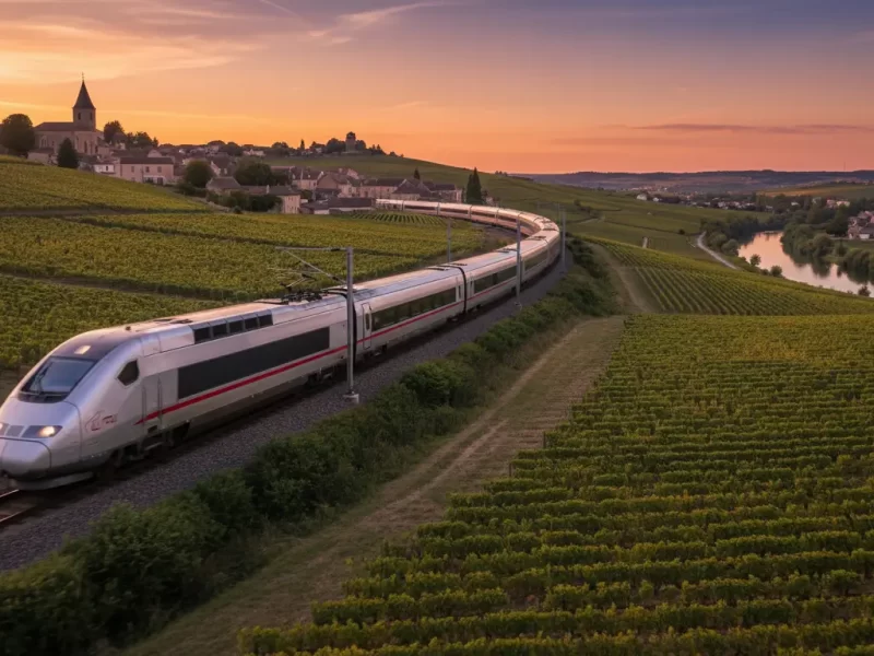 Een moderne hogesnelheidstrein, zoals een TGV of ICE, die door het landschap snelt