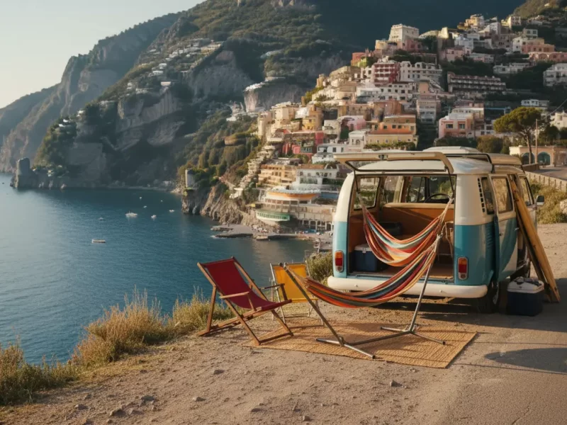 Een compacte retro-campervan met open achterdeuren, waaruit een kleurrijke hangmat en twee opklapbare strandstoelen tevoorschijn komen.