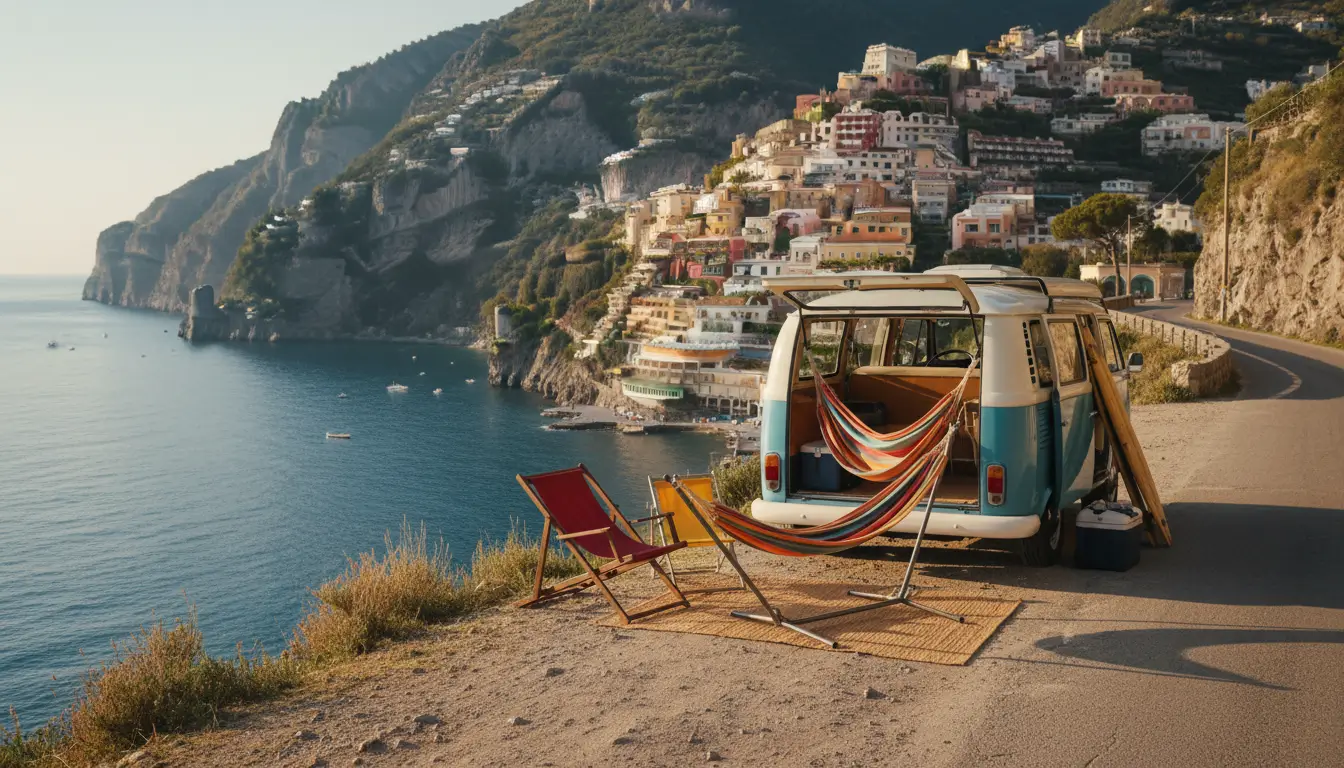 Een compacte retro-campervan met open achterdeuren, waaruit een kleurrijke hangmat en twee opklapbare strandstoelen tevoorschijn komen.