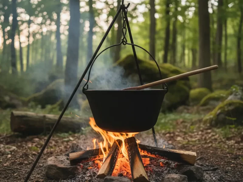 Een stevige, gietijzeren Dutch oven die boven een zorgvuldig geconstrueerd kampvuur hangt, waaruit rookpluimen opstijgen. Een houten lepel rust op de rand.