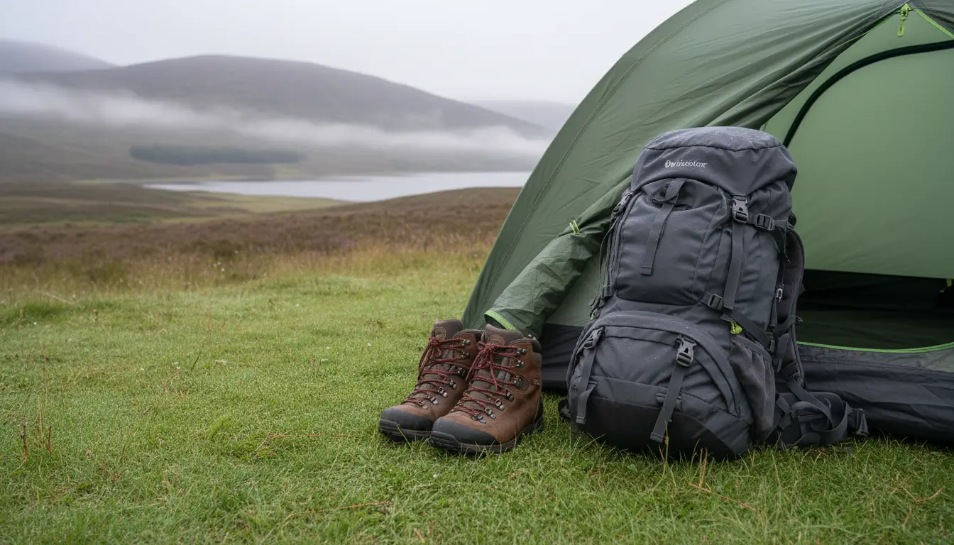 Een paar robuuste, leren wandelschoenen en een goed gevulde, technische rugzak, netjes naast elkaar geplaatst bij de ingang van een tent.
