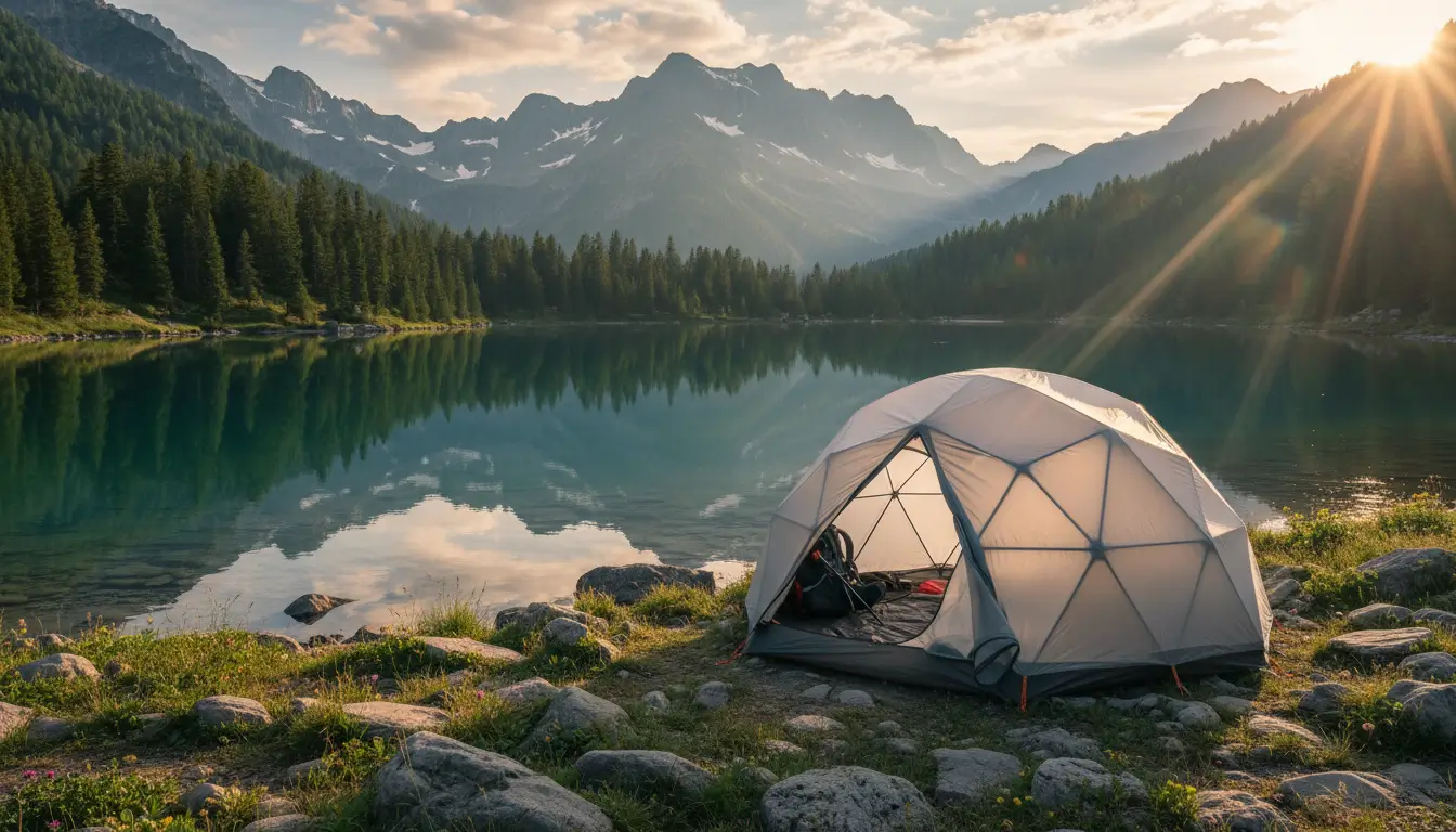 Een moderne koepeltent, zorgvuldig opgezet, met de rits van de ingang een klein beetje open.