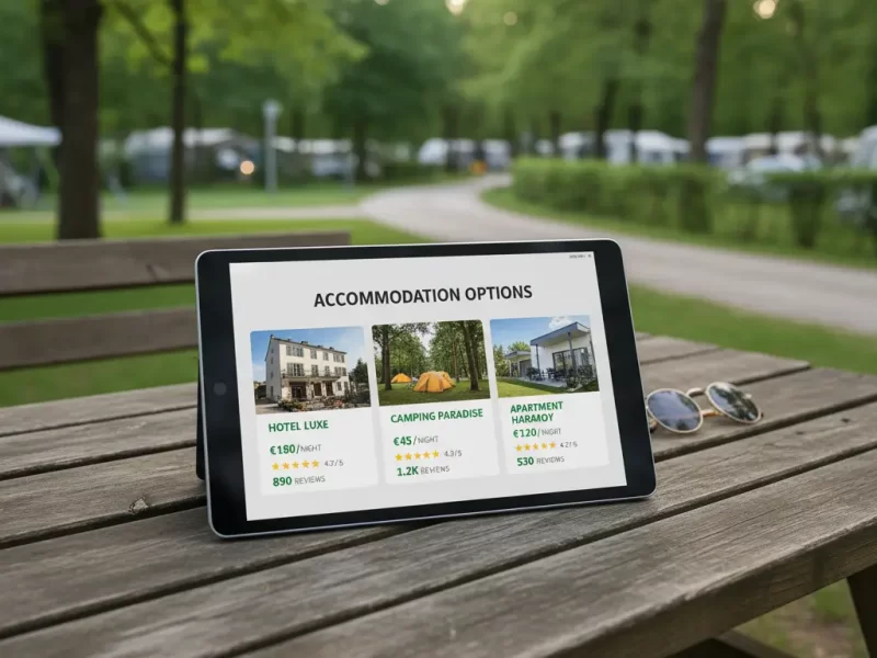 Een geopende laptop of tablet waarop verschillende accommodatie-opties (hotel, camping, appartement) met prijzen en beoordelingen te zien zijn.