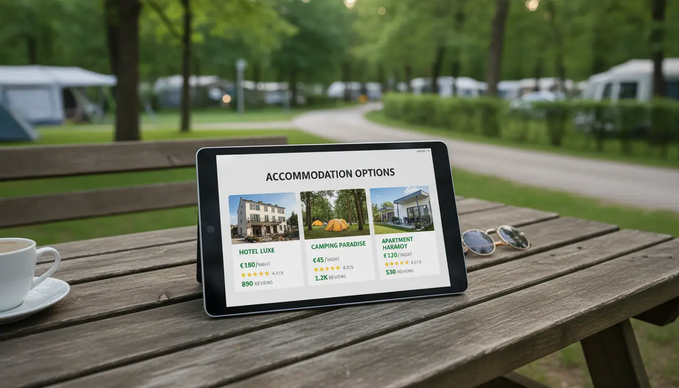 Een geopende laptop of tablet waarop verschillende accommodatie-opties (hotel, camping, appartement) met prijzen en beoordelingen te zien zijn.